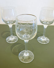 Load image into Gallery viewer, Vintage Set of 3 Etched Crystal Wine Glasses
