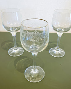 Vintage Set of 3 Etched Crystal Wine Glasses