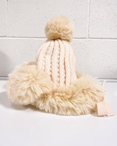 Cream Furry Beanie with Pom Pom