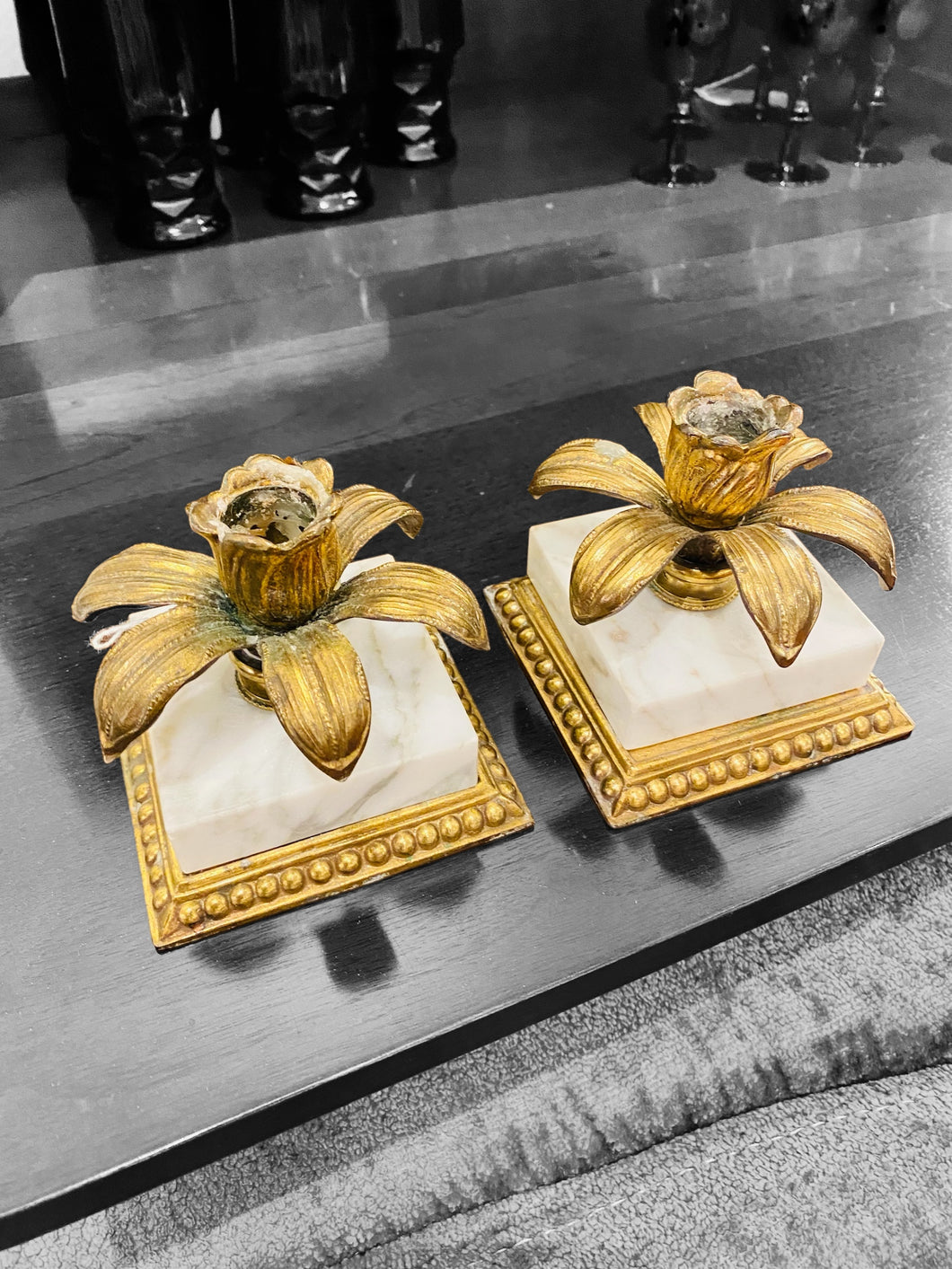 Pair of Brass and Marble Flower Candle Holders