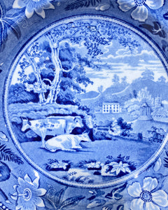 Blue and White Transferware Plate with Cows