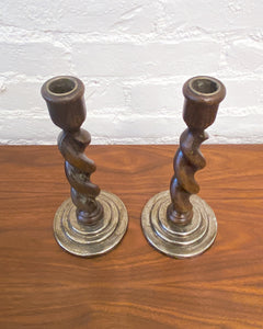 Vintage Pair of Twisted Wood Candle Holders