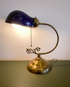 Vintage Blue Ceramic and Brass Table Lamp