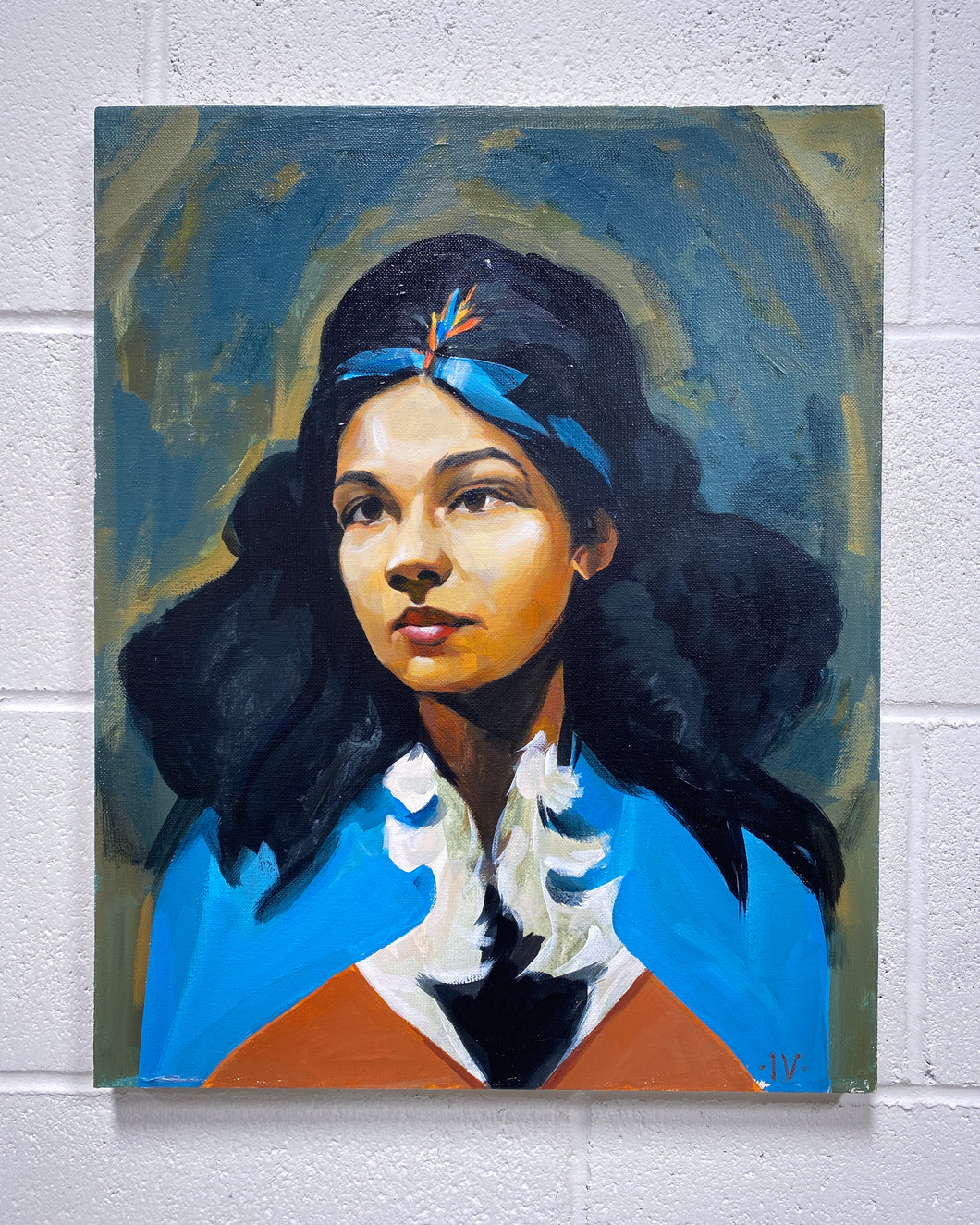 Oil Painting of Woman in Blue and Orange by VG