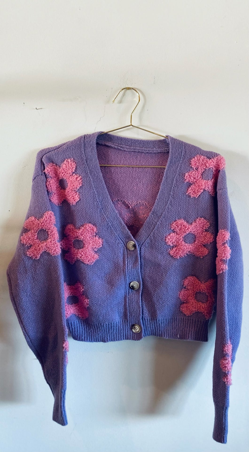 Tufted Pink Daisies on a Purple Cardigan