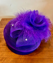 Load image into Gallery viewer, Purple Flower Feather Mesh Net Fascinator Beaded Cocktail Hat
