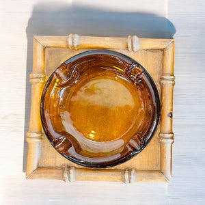 Vintage Four Slot Amber Glass Ashtray mounted on Rattan Bamboo lined Tray