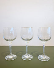 Load image into Gallery viewer, Vintage Set of 3 Etched Crystal Wine Glasses
