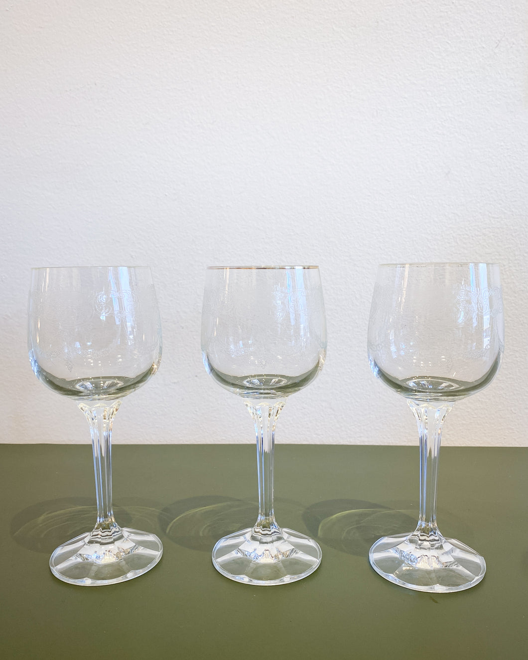 Vintage Set of 3 Etched Crystal Wine Glasses