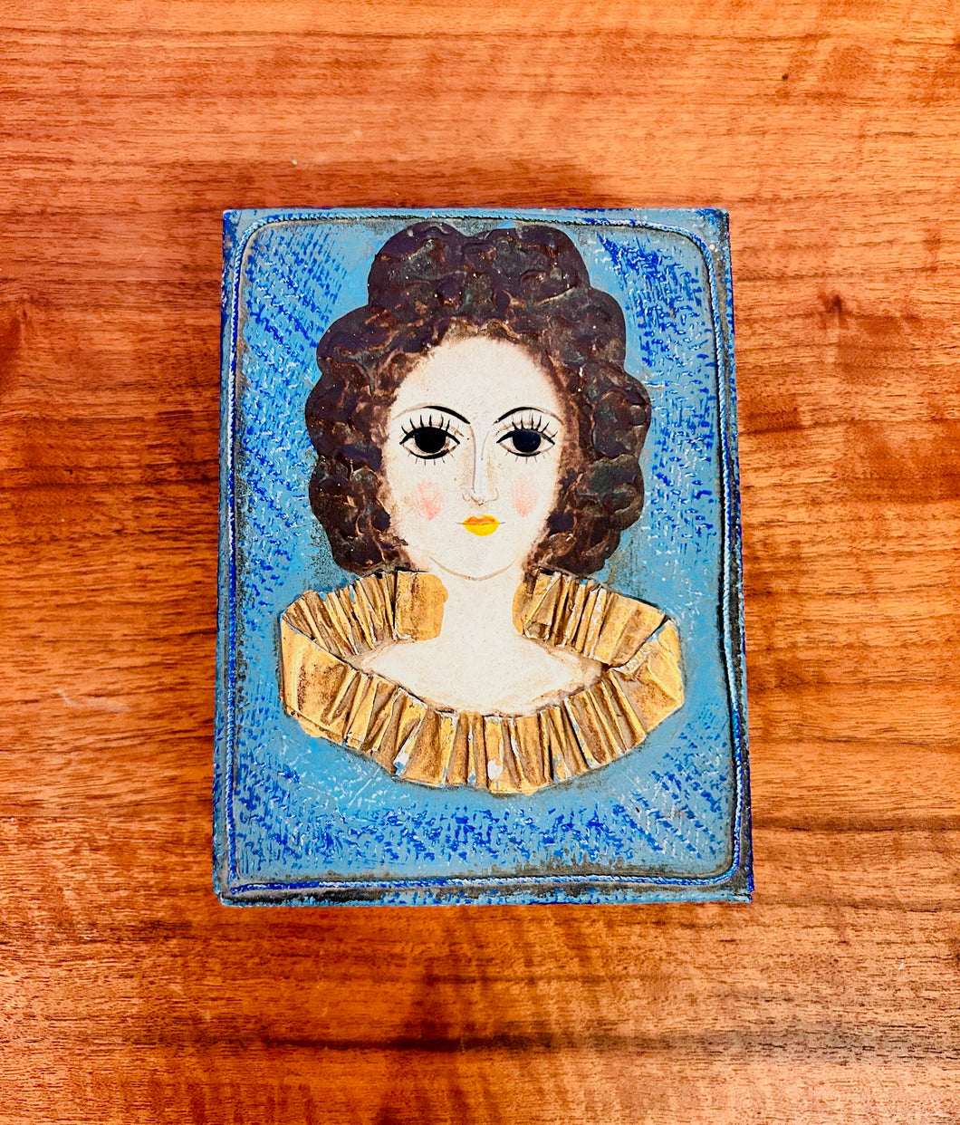 Distressed Vintage 1960s Paper Mache Lady Blue Jewelry Box