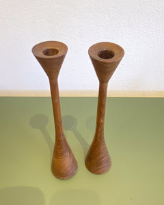 Vintage Pair of Walnut MCM Candle Holders - Made in Japan