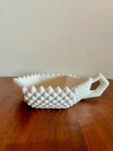 Handled Bon Bon Dish “English Hobnail” White Milk Glass