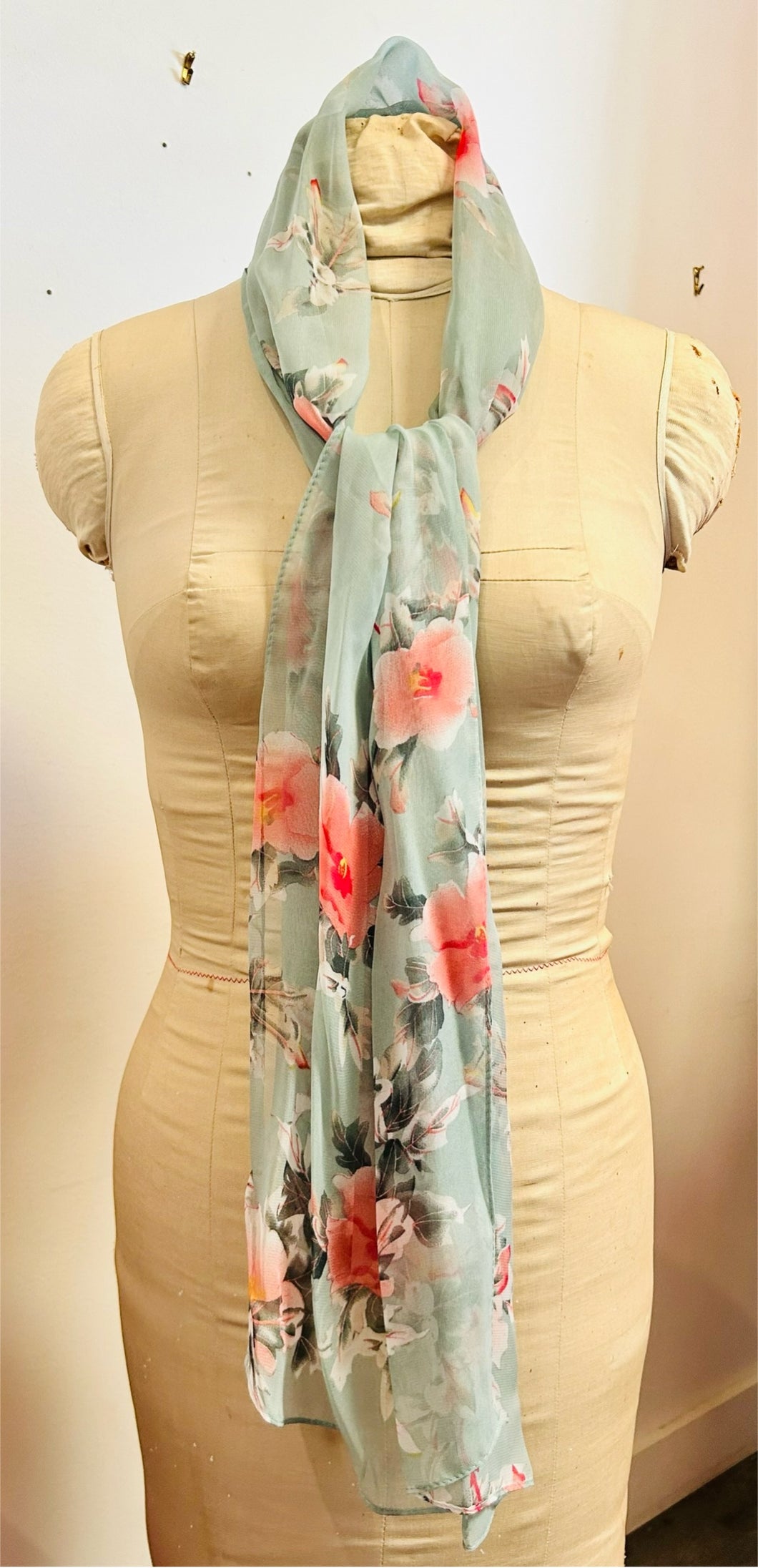 Flowered Teal Silk Scarf