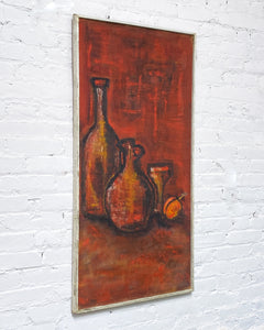 Vintage Large Still Life Painting of Bottles in Red and Black