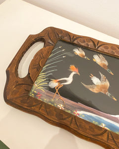 Vintage Wood Carved Tray with Real Feather Birds