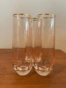 Vintage Mid Century Blush Pink Gold Rim Champagne Flutes Set of 8