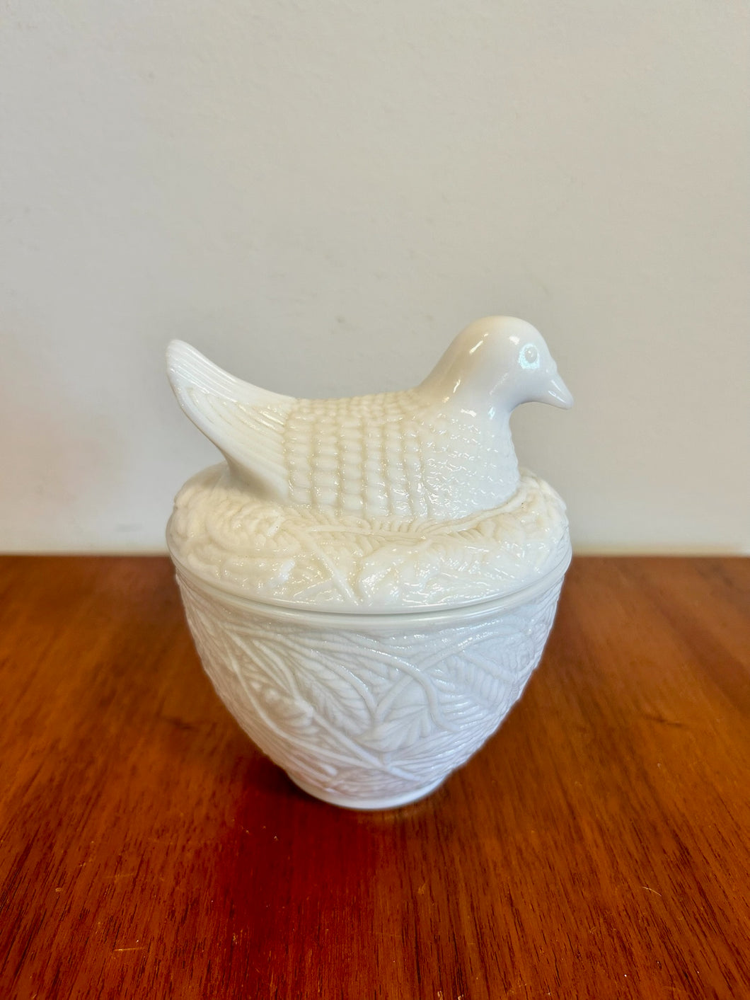 2 Piece Milk Glass Bird Basket Covered Bowl