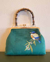 Load image into Gallery viewer, Green Velvet Bird Purse with Bamboo Handle
