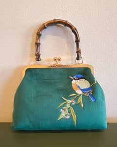 Green Velvet Bird Purse with Bamboo Handle