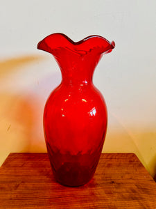 Indiana Scalloped Wide Top Crimped Ruby Red Tall Glass Vase