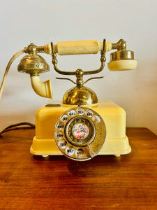 Vintage 1972 Fold A Fone Inc Yellow and Brass Base Table Rotary Telephone