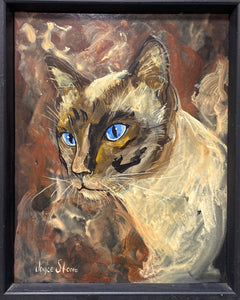 Vintage Framed Siamese Cat Painting by Joyce Stone