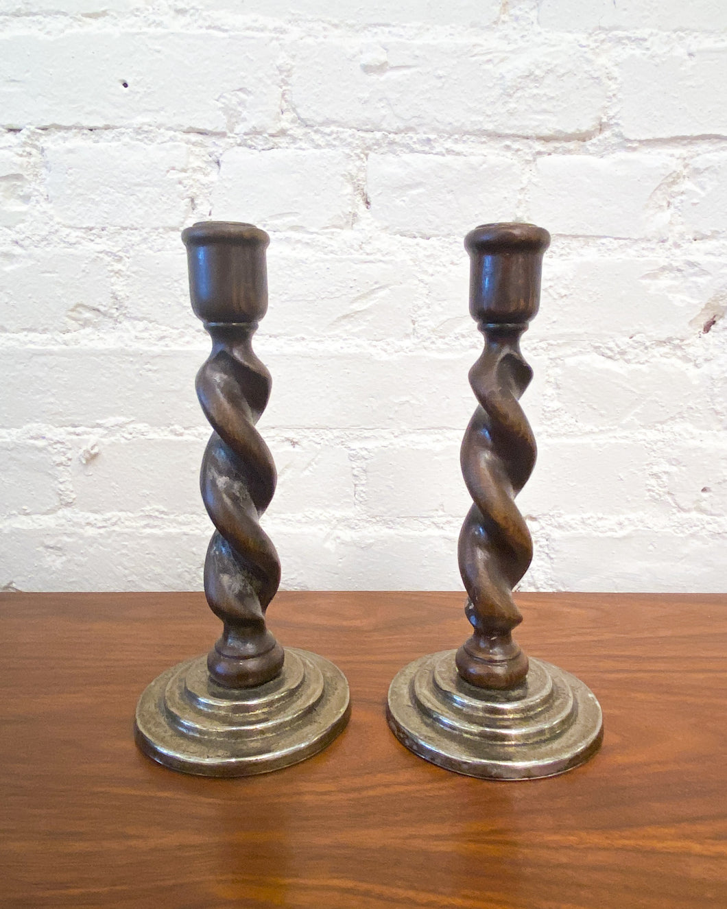 Vintage Pair of Twisted Wood Candle Holders