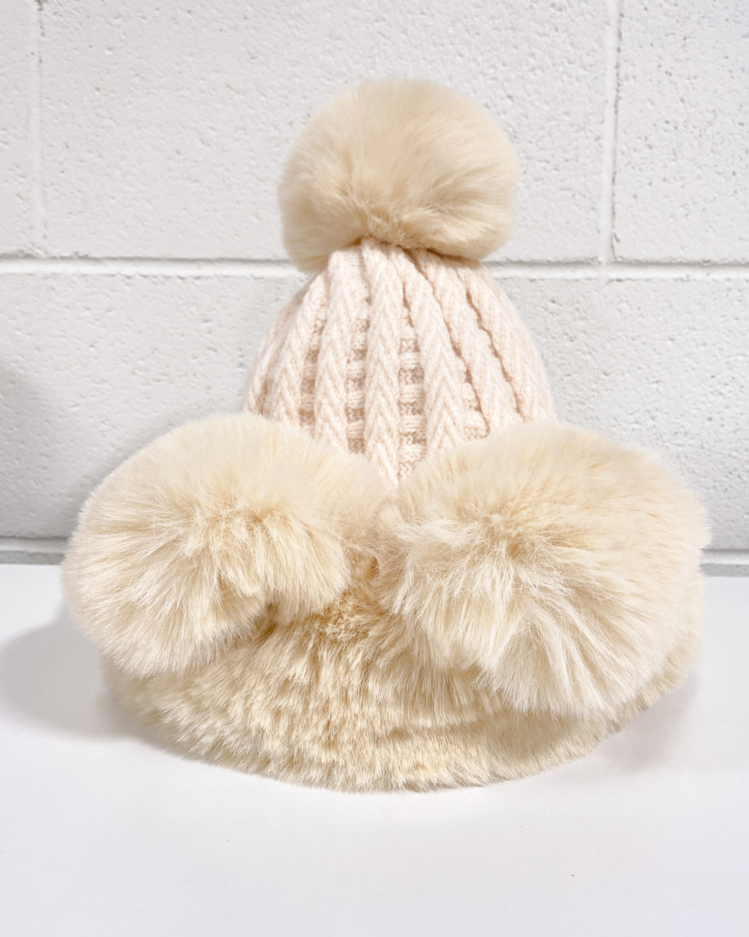 Cream Furry Beanie with Pom Pom