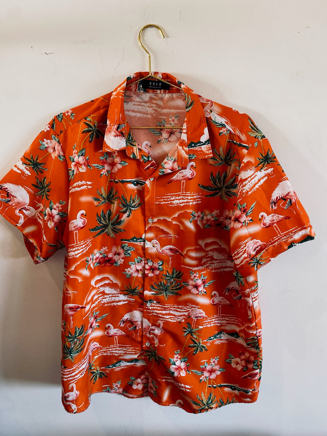 Orange Hawaiian Shirt with Pink Flamingos