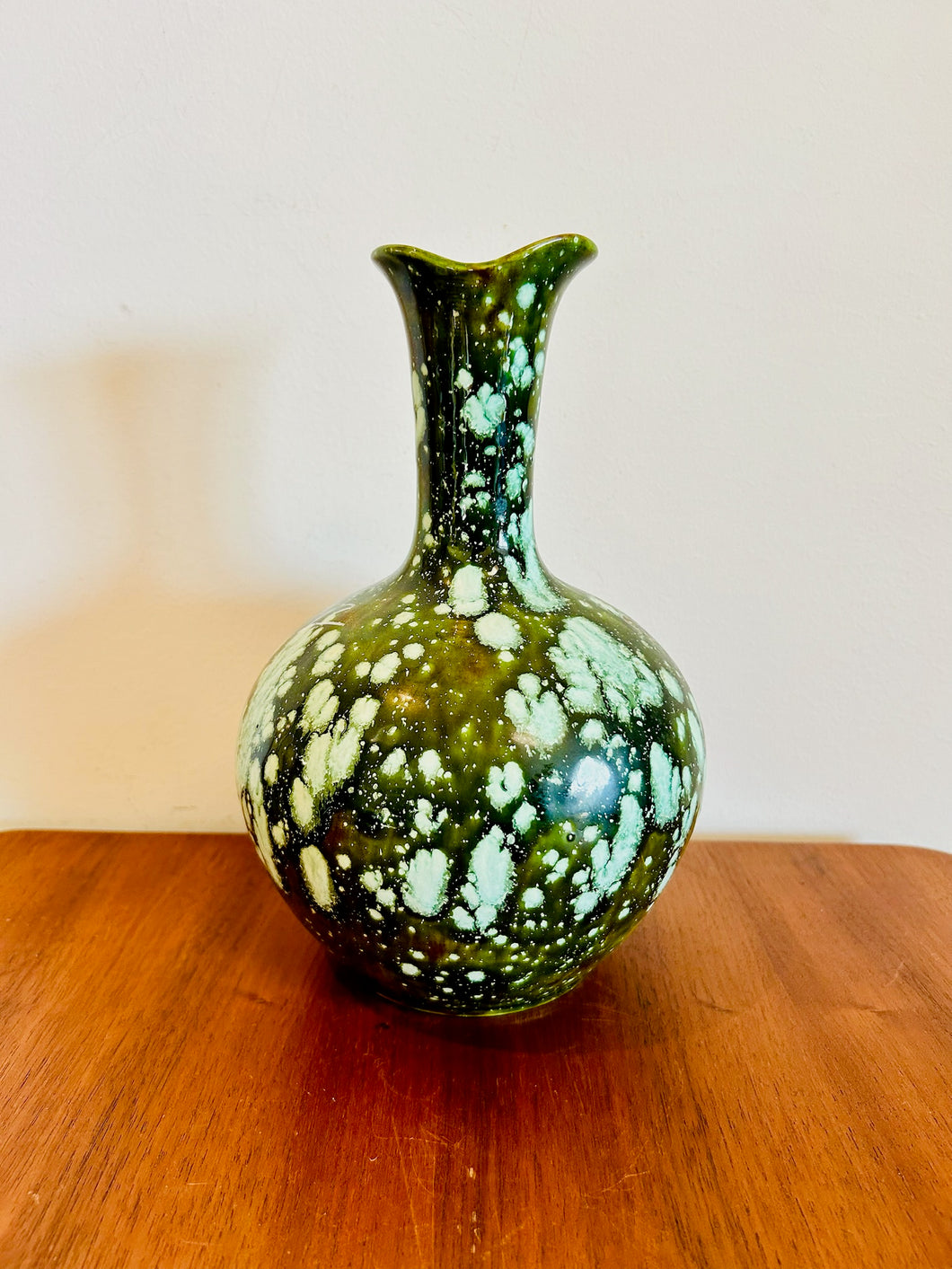 Vintage Cramer Mold Green Blue Speckled Drip Glaze Vase