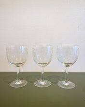 Load image into Gallery viewer, Vintage Set of 3 Floral Etched Wine Glasses
