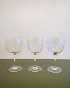 Vintage Set of 3 Floral Etched Wine Glasses