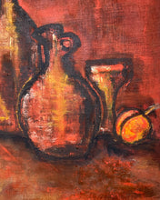 Load image into Gallery viewer, Vintage Large Still Life Painting of Bottles in Red and Black
