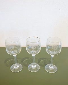 Vintage Set of 3 Etched Crystal Wine Glasses