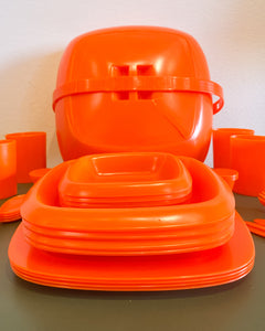 Vintage MCM Orange Plastic Picnic Set