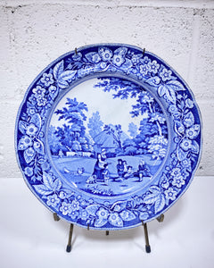 Blue and White Transferware Plate with Farm Scene