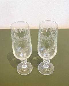 Vintage Pair of Cascade Needle Etched Champagne Flutes