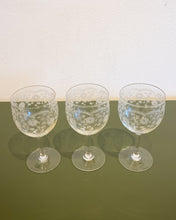 Load image into Gallery viewer, Vintage Set of 3 Floral Etched Wine Glasses
