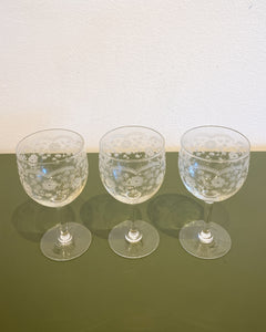 Vintage Set of 3 Floral Etched Wine Glasses