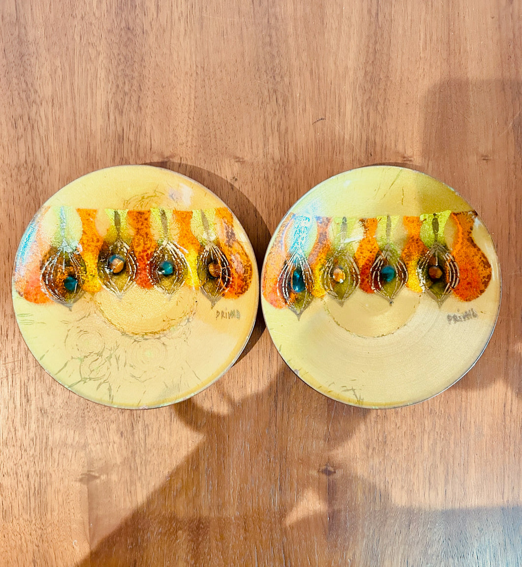 Hand Painted Enameled Metal Tray Dish set of 2