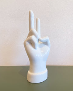 White Ceramic Hand Peace Sign Figurine