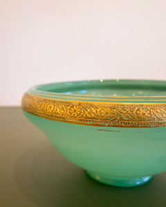 Vintage Green Glass Bowl with Gold Embossed Rim