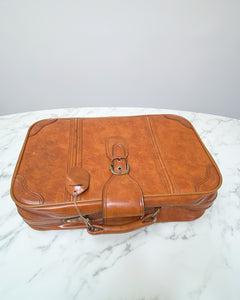 Vintage Faux Brown Leather Suitcase - Small