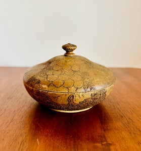 Antique Wood Pyrography Art Design Round Trinket Box & Lid