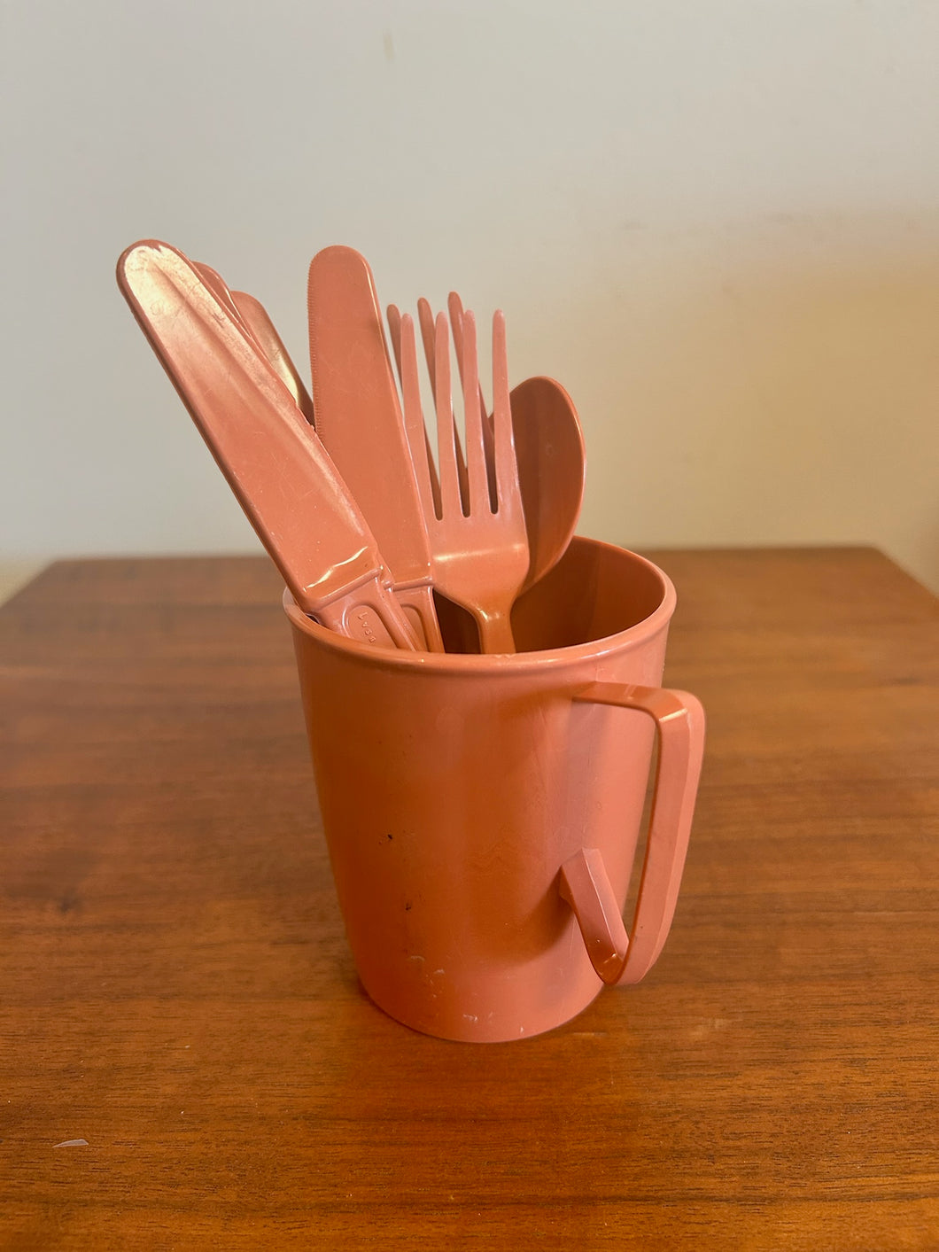 Vintage 1950’s Baby Dining Utensils Set and Cup in Dusty Rose