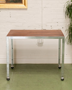 Vintage Chrome and Walnut Table with Castors