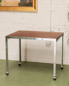 Vintage Chrome and Walnut Table with Castors