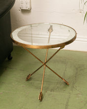 Load image into Gallery viewer, Gilt Metal Tripod Arrow Glass Top Table
