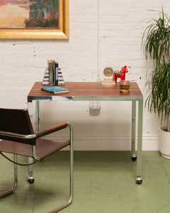 Vintage Chrome and Walnut Table with Castors