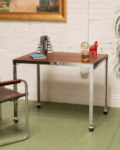 Vintage Chrome and Walnut Table with Castors